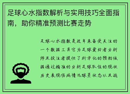 足球心水指数解析与实用技巧全面指南，助你精准预测比赛走势